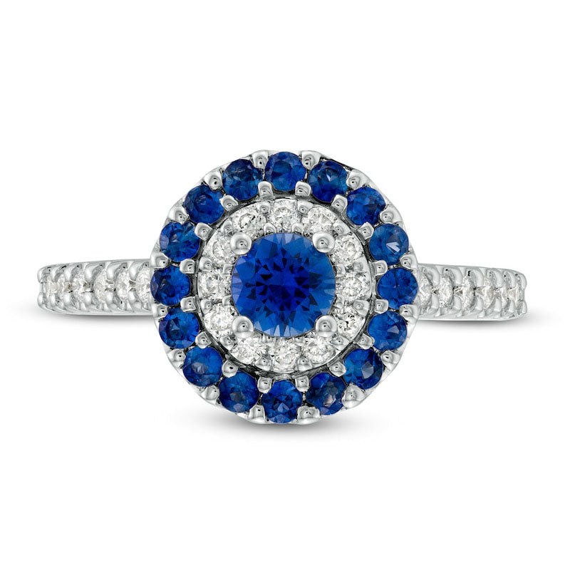 4.35mm Blue Sapphire and 0.33 CT. T.W. Natural Diamond Double Frame Ring in Solid 14K White Gold