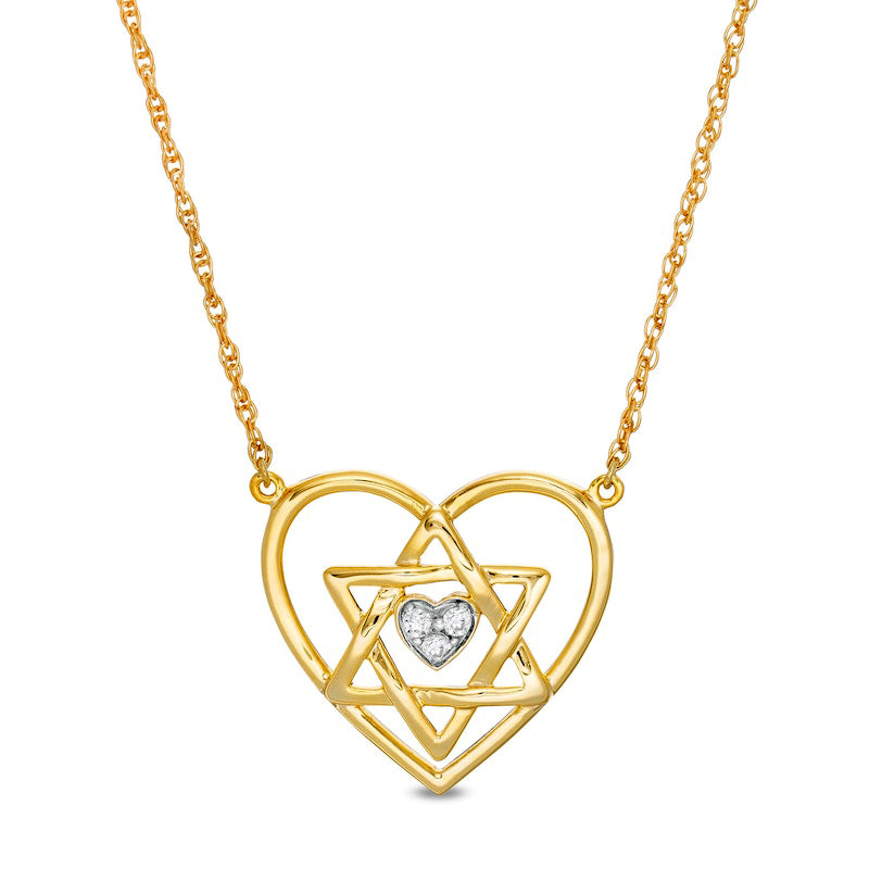 Natural Diamond Accent Double Heart with Star of David Necklace in 10K Yellow Gold