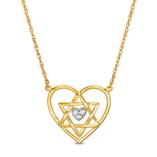 Natural Diamond Accent Double Heart with Star of David Necklace in 10K Yellow Gold