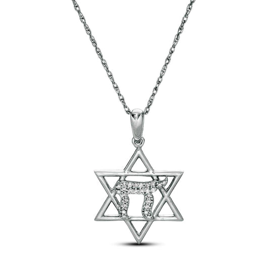 0.05 CT. T.W. Natural Diamond Star of David with Chai Symbol Pendant in Sterling Silver
