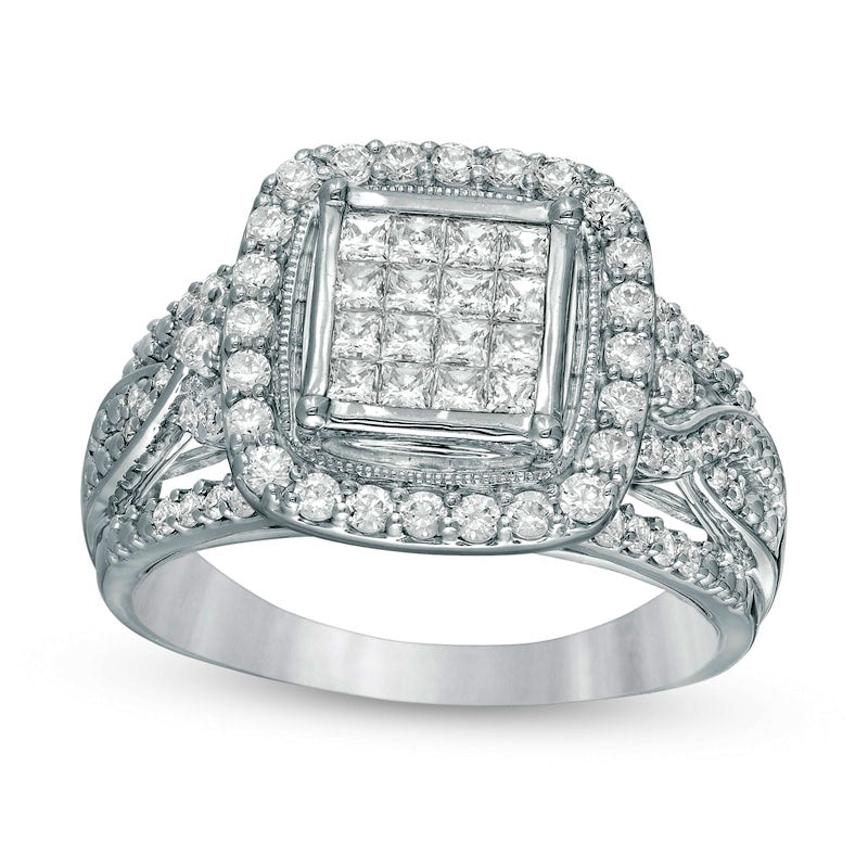 1.0 CT. T.W. Princess-Cut Composite Natural Diamond Cushion Frame Engagement Ring in Solid 10K White Gold