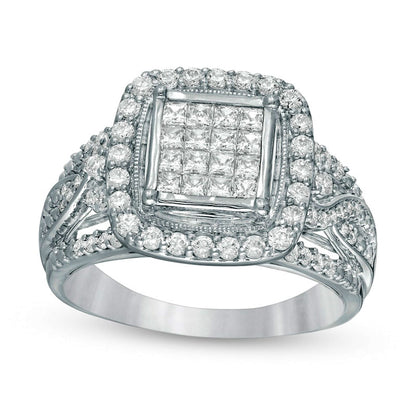 1.0 CT. T.W. Princess-Cut Composite Natural Diamond Cushion Frame Engagement Ring in Solid 10K White Gold