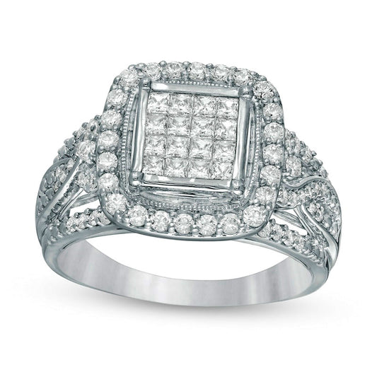 1.0 CT. T.W. Princess-Cut Composite Natural Diamond Cushion Frame Engagement Ring in Solid 10K White Gold