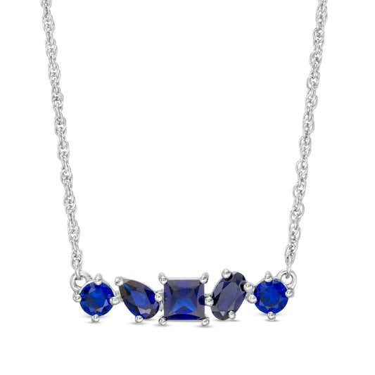 Multi-Shape Lab-Created Blue Sapphire Five Stone Bar Necklace in Sterling Silver
