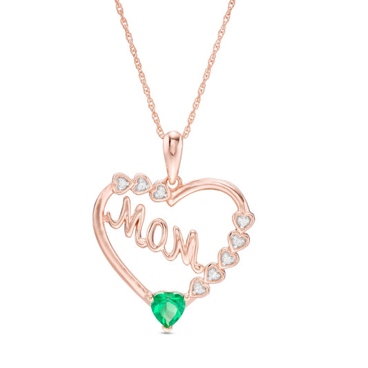 4.0mm Lab-Created Emerald and White Sapphire "MOM" Heart Frame Pendant in Sterling Silver with 14K Rose Gold Plate