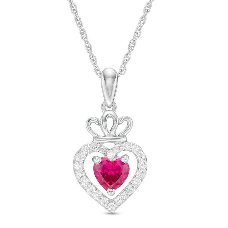 5.0mm Lab-Created Ruby and White Sapphire Frame Double Heart with Crown Drop Pendant in Sterling Silver