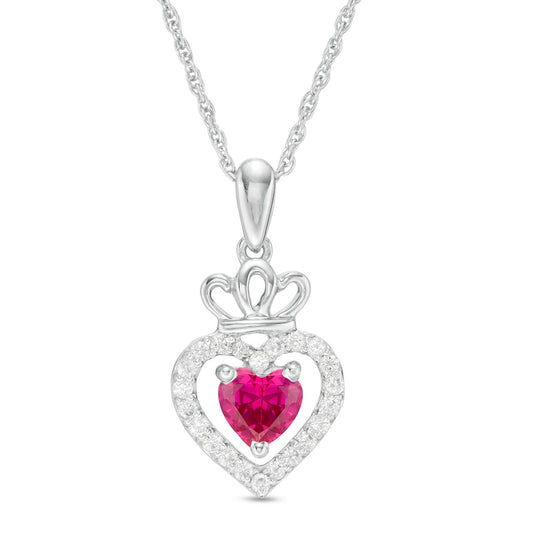 5.0mm Lab-Created Ruby and White Sapphire Frame Double Heart with Crown Drop Pendant in Sterling Silver