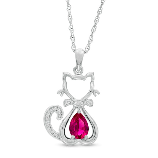 Pear-Shaped Lab-Created Ruby and 0.05 CT. T.W. Diamond Cat with Bow Tie Drop Pendant in Sterling Silver