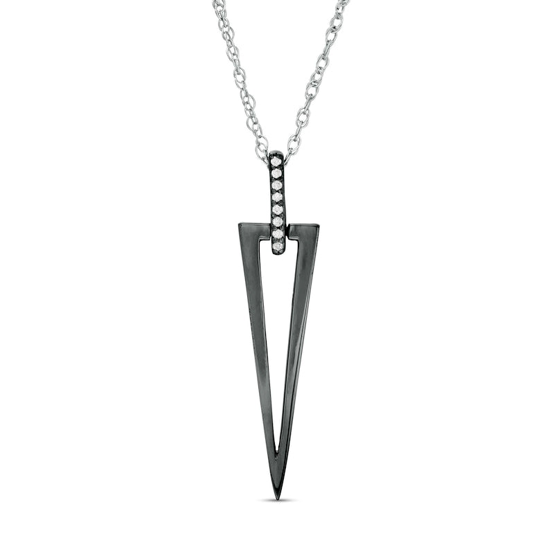 Natural Diamond Accent Elongated Triangle Outline Pendant in Sterling Silver and Black Rhodium