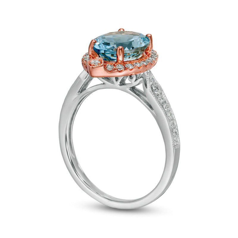 Oval Aquamarine and 0.33 CT. T.W. Natural Diamond Ornate Marquise Frame Double Row Art Deco Ring in Solid 14K Two-Tone Gold