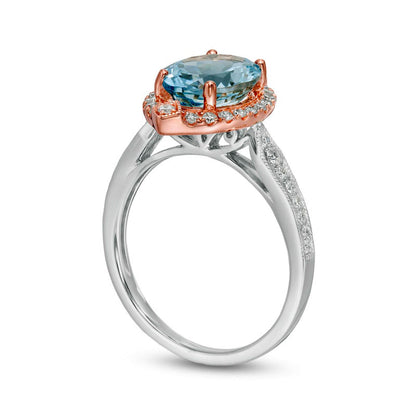 Oval Aquamarine and 0.33 CT. T.W. Natural Diamond Ornate Marquise Frame Double Row Art Deco Ring in Solid 14K Two-Tone Gold