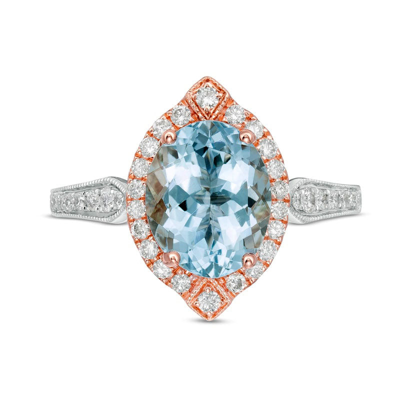 Oval Aquamarine and 0.33 CT. T.W. Natural Diamond Ornate Marquise Frame Double Row Art Deco Ring in Solid 14K Two-Tone Gold