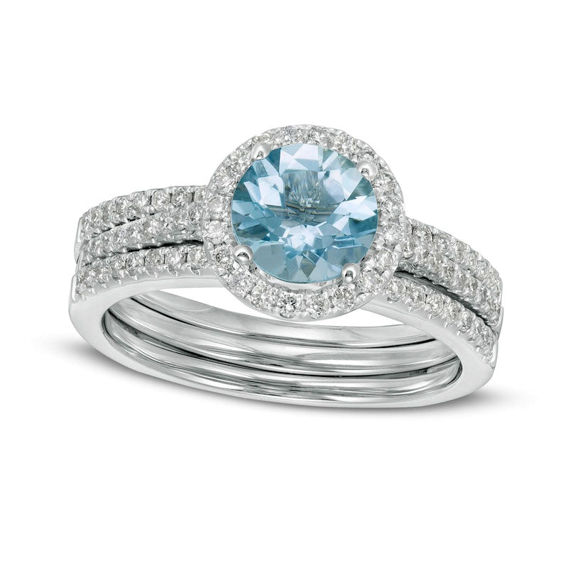 7.0mm Aquamarine and 0.38 CT. T.W. Natural Diamond Frame Bridal Engagement Ring Set in Solid 14K White Gold