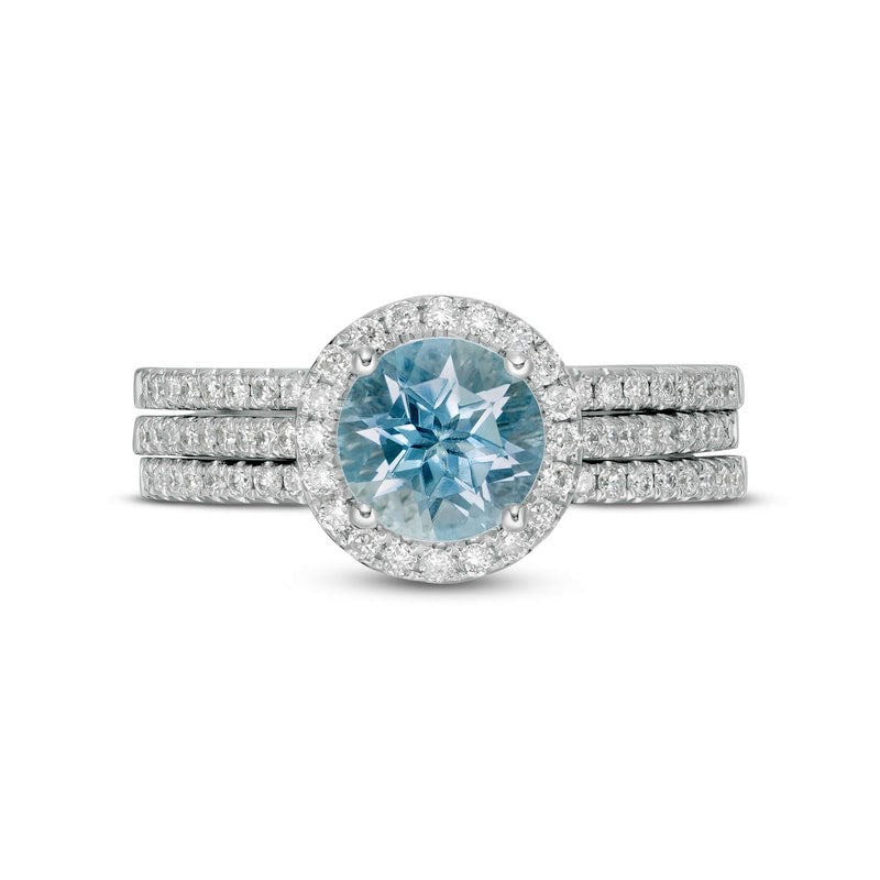 7.0mm Aquamarine and 0.38 CT. T.W. Natural Diamond Frame Bridal Engagement Ring Set in Solid 14K White Gold