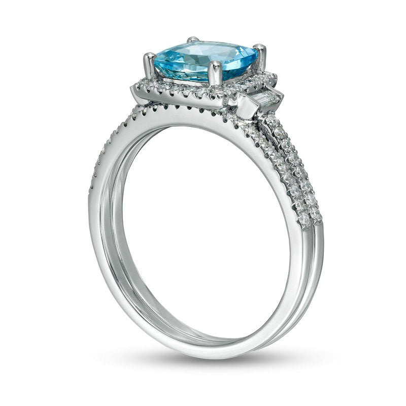 7.0mm Cushion-Cut Aquamarine and 0.33 CT. T.W. Natural Diamond Frame Three Stone Bridal Engagement Ring Set in Solid 14K White Gold