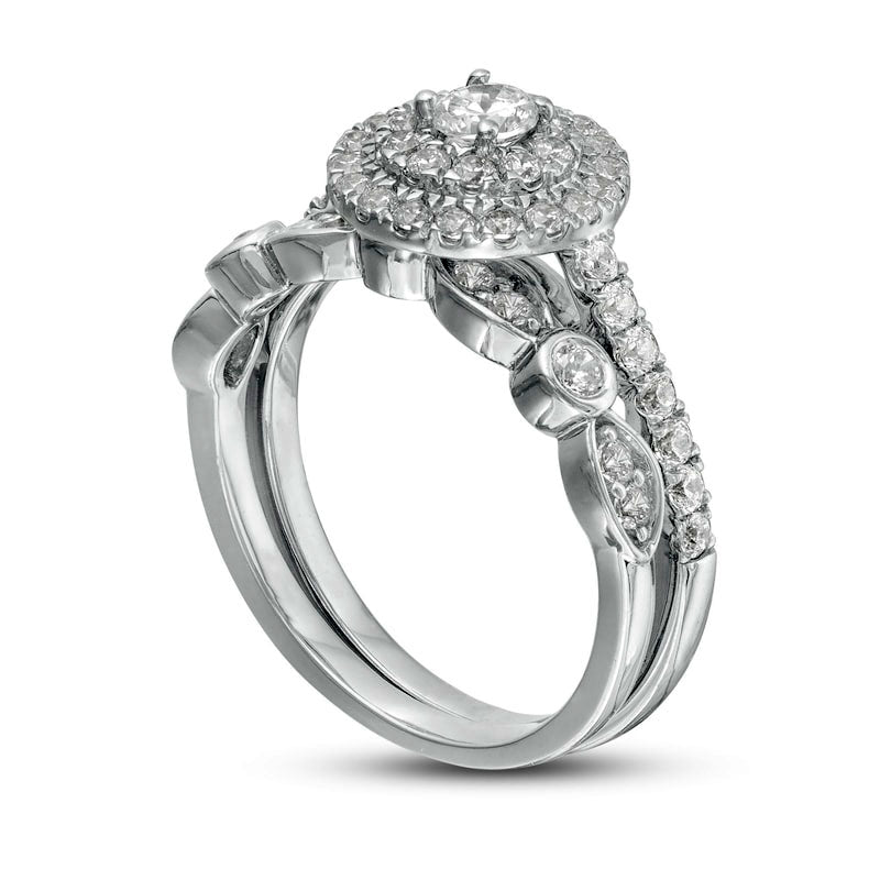 1.0 CT. T.W. Natural Diamond Double Frame Art Deco Bridal Engagement Ring Set in Solid 10K White Gold