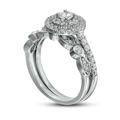 1.0 CT. T.W. Natural Diamond Double Frame Art Deco Bridal Engagement Ring Set in Solid 10K White Gold