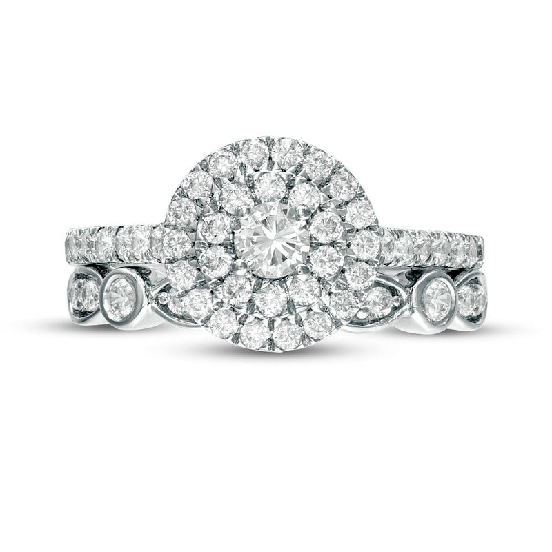 1.0 CT. T.W. Natural Diamond Double Frame Art Deco Bridal Engagement Ring Set in Solid 10K White Gold