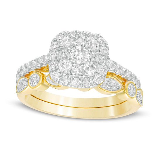 1.0 CT. T.W. Composite Cushion-Shaped Natural Diamond Art Deco Bridal Engagement Ring Set in Solid 10K Yellow Gold