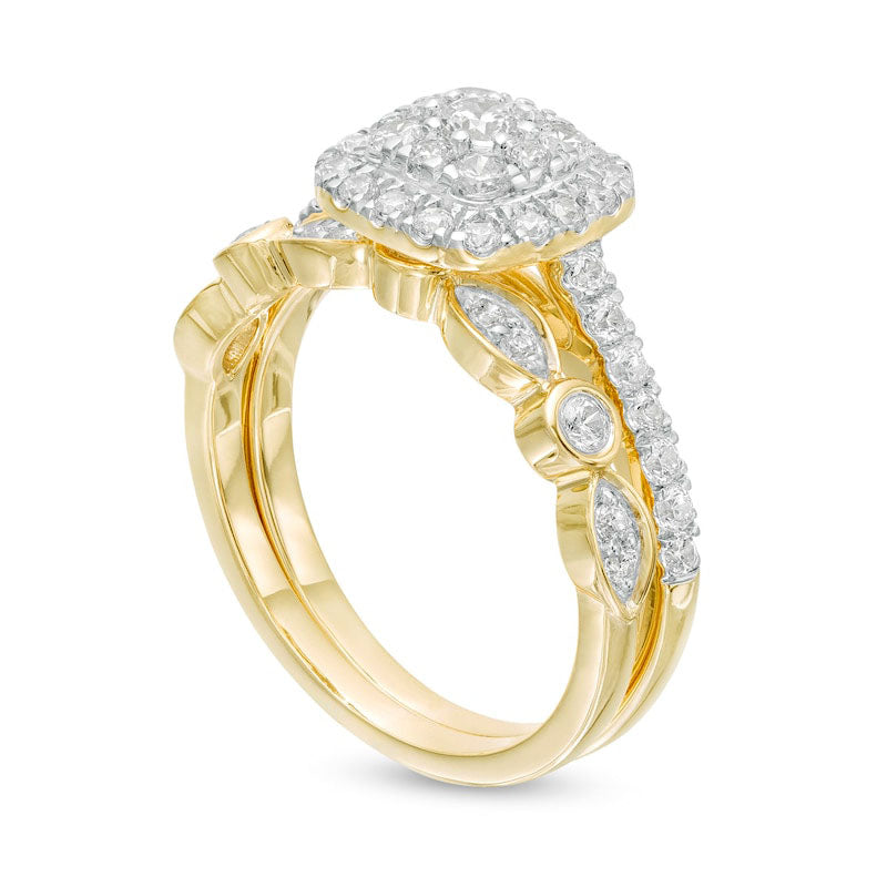 1.0 CT. T.W. Composite Cushion-Shaped Natural Diamond Art Deco Bridal Engagement Ring Set in Solid 10K Yellow Gold