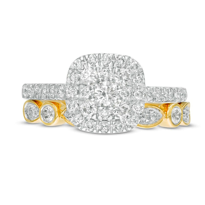 1.0 CT. T.W. Composite Cushion-Shaped Natural Diamond Art Deco Bridal Engagement Ring Set in Solid 10K Yellow Gold