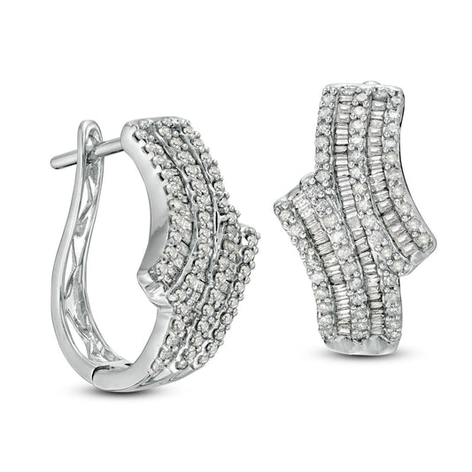 1.25 CT. T.W. Baguette and Round Diamond Multi-Row Bypass Hoop Earrings in 10K White Gold
