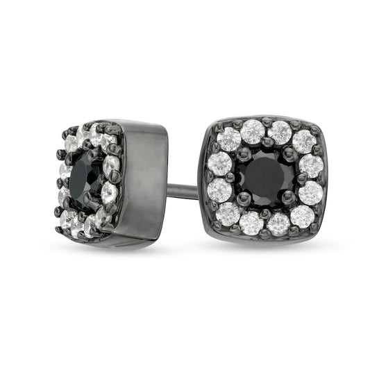 0.38 CT. T.W. Enhanced Black and White Diamond Cushion Frame Stud Earrings in 10K White Gold with Black Rhodium