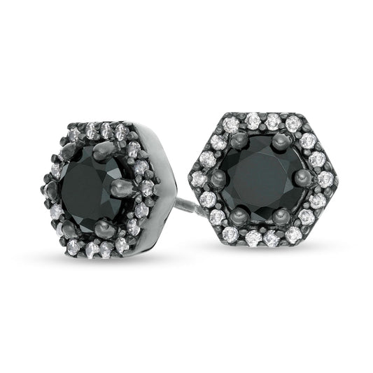 1.38 CT. T.W. Enhanced Black and White Diamond Hexagonal Frame Stud Earrings in 10K White Gold with Black Rhodium