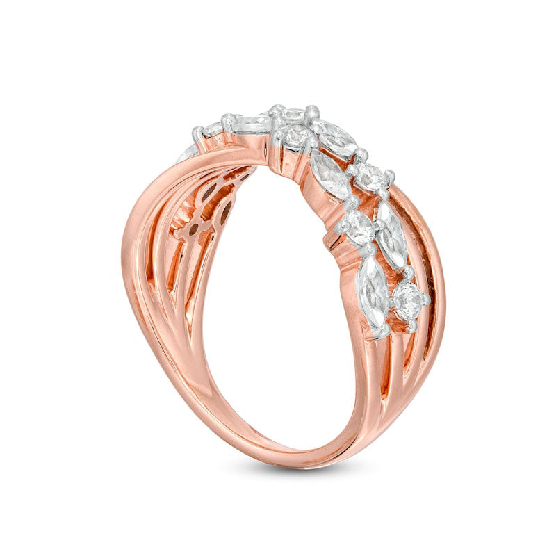 1.0 CT. T.W. Marquise and Round Natural Diamond Alternating Crossover Ring in Solid 10K Rose Gold