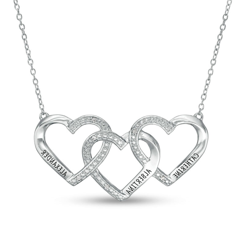 Mother's Natural Diamond Accent Beaded Engravable Interlocking Hearts Trio Necklace in Sterling Silver (3 Lines)