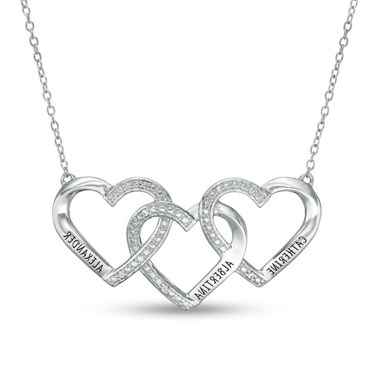 Mother's Natural Diamond Accent Beaded Engravable Interlocking Hearts Trio Necklace in Sterling Silver (3 Lines)
