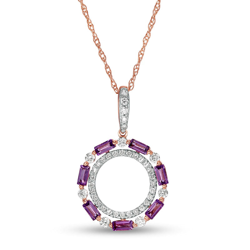 Baguette-Cut Amethyst and 0.17 CT. T.W. Natural Diamond Double Circle Pendant in 10K Rose Gold