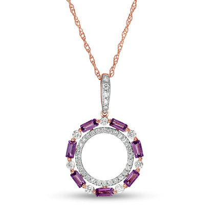 Baguette-Cut Amethyst and 0.17 CT. T.W. Natural Diamond Double Circle Pendant in 10K Rose Gold