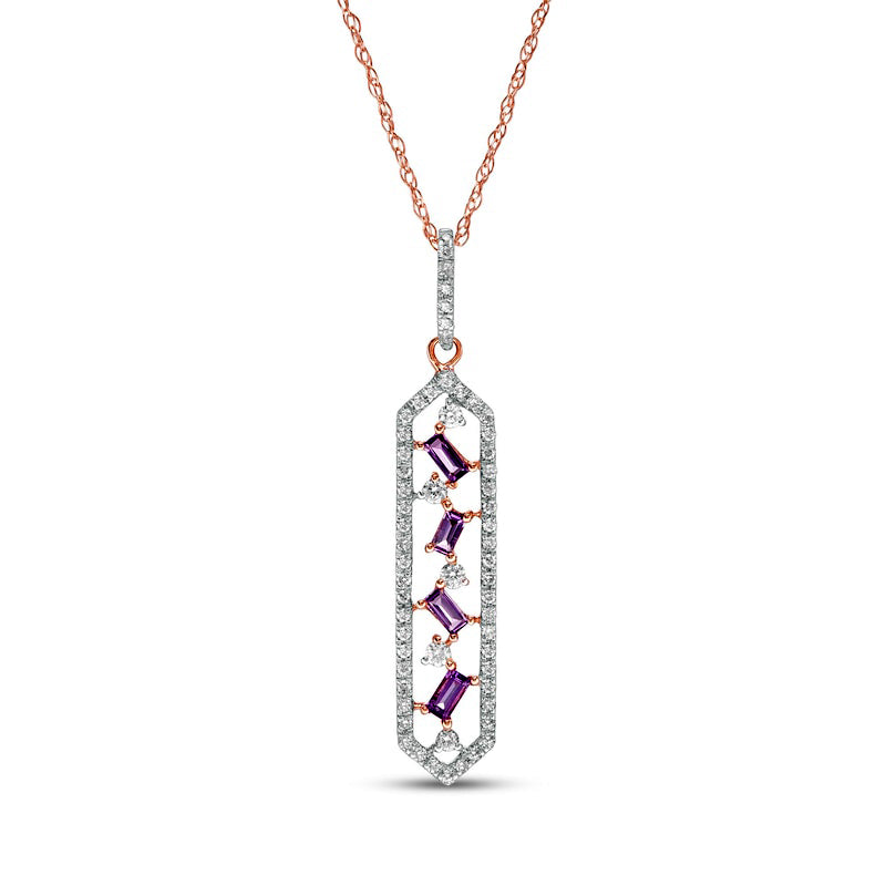 Baguette-Cut Amethyst and 0.17 CT. T.W. Natural Diamond Elongated Hexagon Pendant in 10K Rose Gold