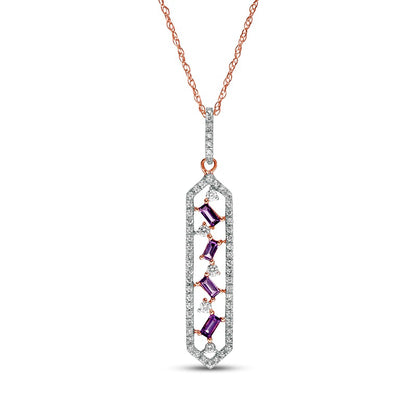 Baguette-Cut Amethyst and 0.17 CT. T.W. Natural Diamond Elongated Hexagon Pendant in 10K Rose Gold