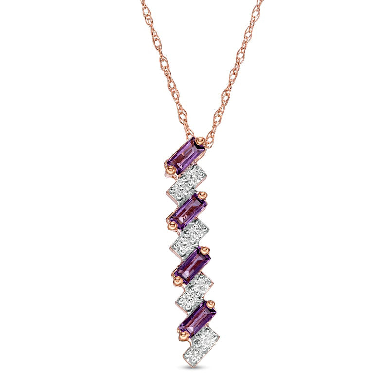 Baguette-Cut Amethyst and 0.1 CT. T.W. Natural Diamond Linear Zig-Zag Pendant in 10K Rose Gold