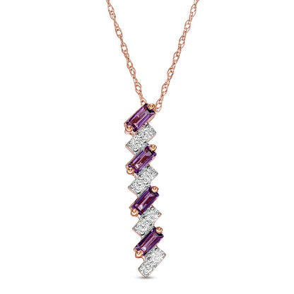 Baguette-Cut Amethyst and 0.1 CT. T.W. Natural Diamond Linear Zig-Zag Pendant in 10K Rose Gold
