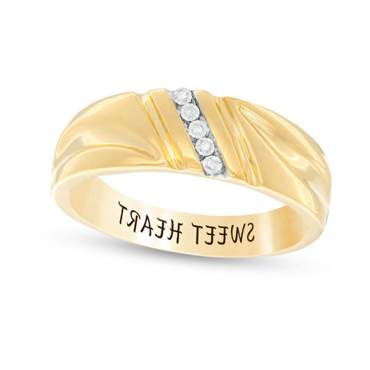 Men's Natural Diamond Accent Engravable Five Stone Slant and Double Groove Band in Sterling Silver with Solid 14K Gold Plate (1 Line)