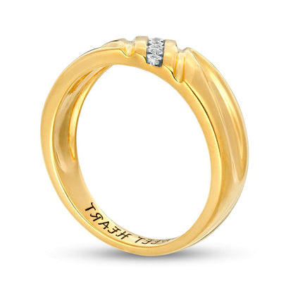 Men's Natural Diamond Accent Engravable Five Stone Slant and Double Groove Band in Sterling Silver with Solid 14K Gold Plate (1 Line)