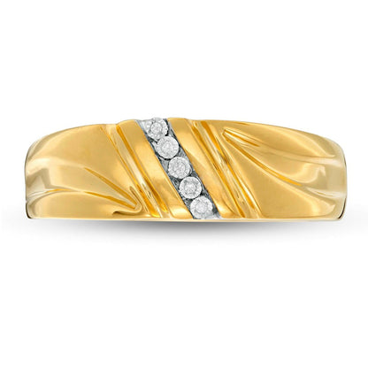 Men's Natural Diamond Accent Engravable Five Stone Slant and Double Groove Band in Sterling Silver with Solid 14K Gold Plate (1 Line)