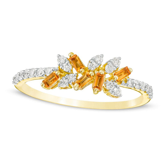 Baguette-Cut Citrine and 0.20 CT. T.W. Natural Diamond Zig-Zag Cluster Ring in Solid 10K Yellow Gold