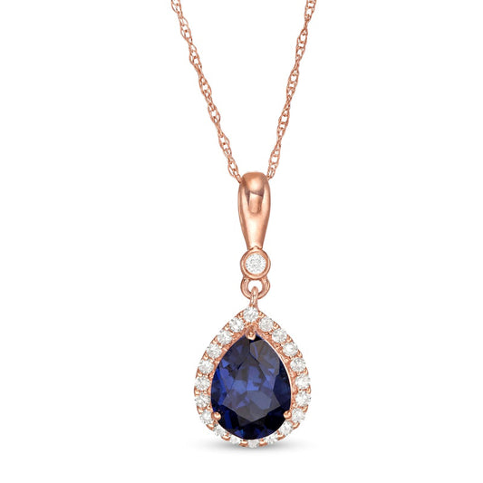 Pear-Shaped Lab-Created Blue Sapphire and 0.1 CT. T.W. Diamond Frame Pendant in 10K Rose Gold