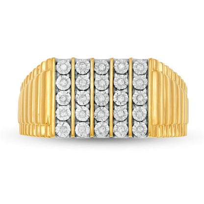 Men's 0.10 CT. T.W. Natural Diamond Engravable Vertical Five Row Ribbed Ring in Sterling Silver with Solid 14K Gold Plate (1 Line)