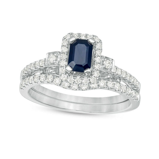 Emerald-Cut Blue Sapphire and 0.50 CT. T.W. Natural Diamond Octagon Frame Bow Tie Bridal Engagement Ring Set in Solid 10K White Gold