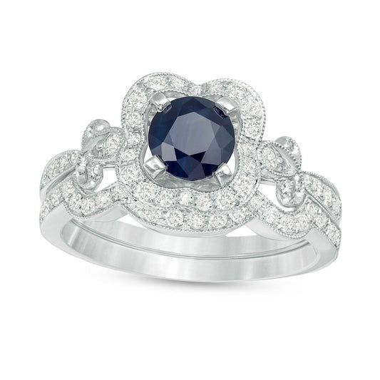 6.0mm Blue Sapphire and 0.50 CT. T.W. Natural Diamond Clover Frame Leaf-Sides Antique Vintage-Style Bridal Engagement Ring Set in Solid 10K White Gold