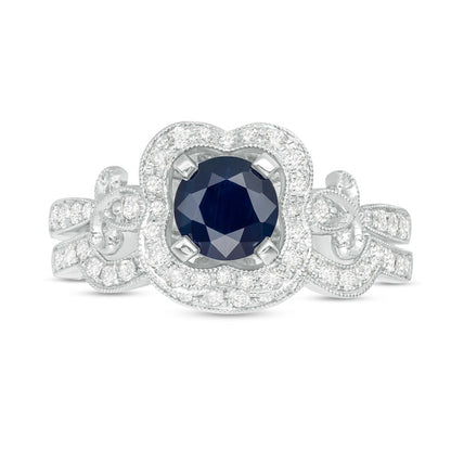 6.0mm Blue Sapphire and 0.50 CT. T.W. Natural Diamond Clover Frame Leaf-Sides Antique Vintage-Style Bridal Engagement Ring Set in Solid 10K White Gold