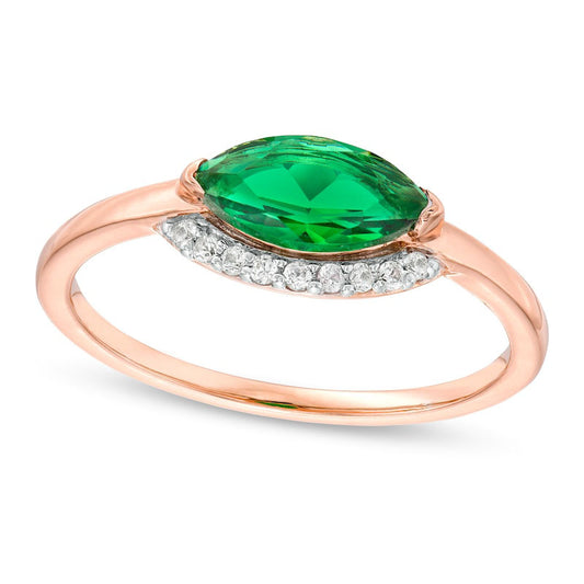 Sideways Marquise Lab-Created Emerald and White Sapphire Curved Halo Ring in Sterling Silver with Solid 14K Rose Gold Plate