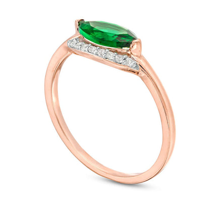 Sideways Marquise Lab-Created Emerald and White Sapphire Curved Halo Ring in Sterling Silver with Solid 14K Rose Gold Plate