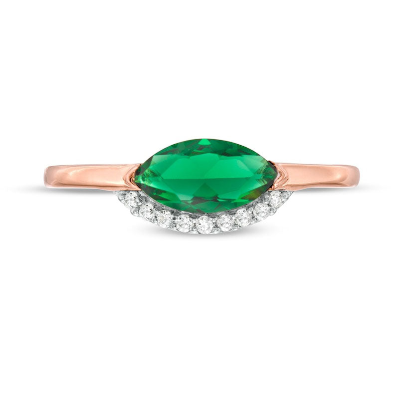 Sideways Marquise Lab-Created Emerald and White Sapphire Curved Halo Ring in Sterling Silver with Solid 14K Rose Gold Plate
