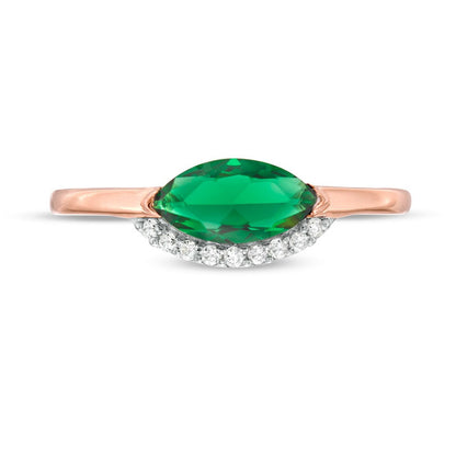 Sideways Marquise Lab-Created Emerald and White Sapphire Curved Halo Ring in Sterling Silver with Solid 14K Rose Gold Plate